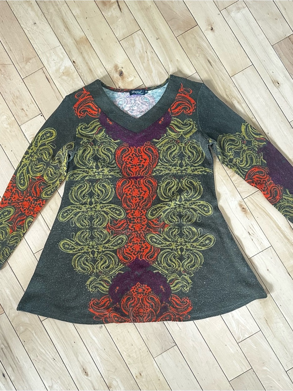 Papa Vancouver Olive Green V-Neck Long Sleeve Top with Red and Purple Motif